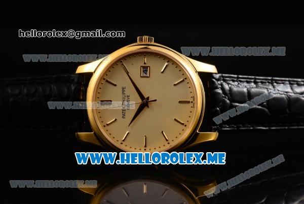 Patek Philippe Calatrava Miyota Quartz Yellow Gold Case with Yellow Gold Dial and Black Leather Strap Stick Markers - Click Image to Close
